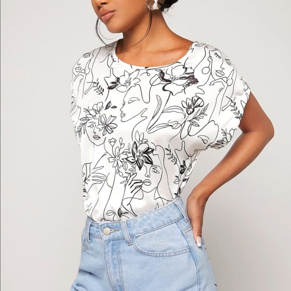 Elegant Classic Abstract Pop Art Floral Print Stain Top Blouse Shirt Black White - Picture 5 of 5